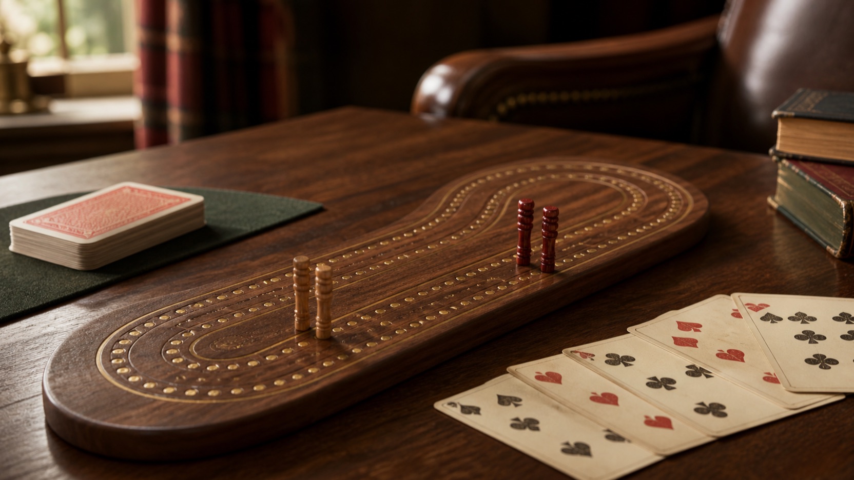 An editorial still life of Cribbage cards and pegs arranged around a running-count path